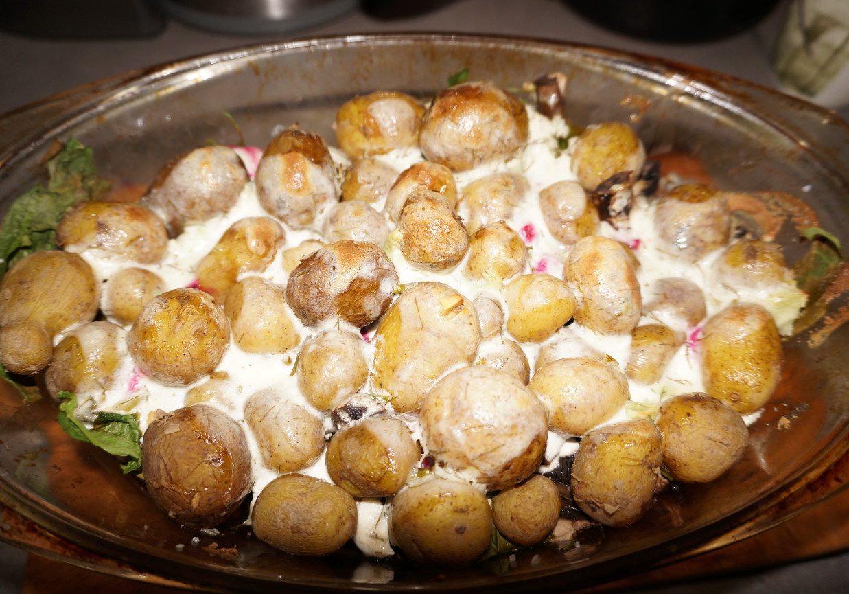 Zapiekanka z młodych ziemniaków i brązowych pieczarek foto