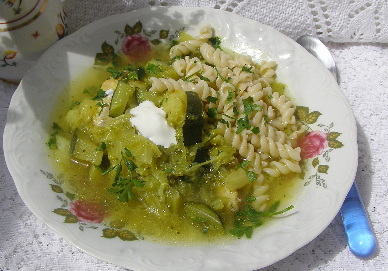 zielona warzywna zupa z makaronem na skrzydełkach... foto