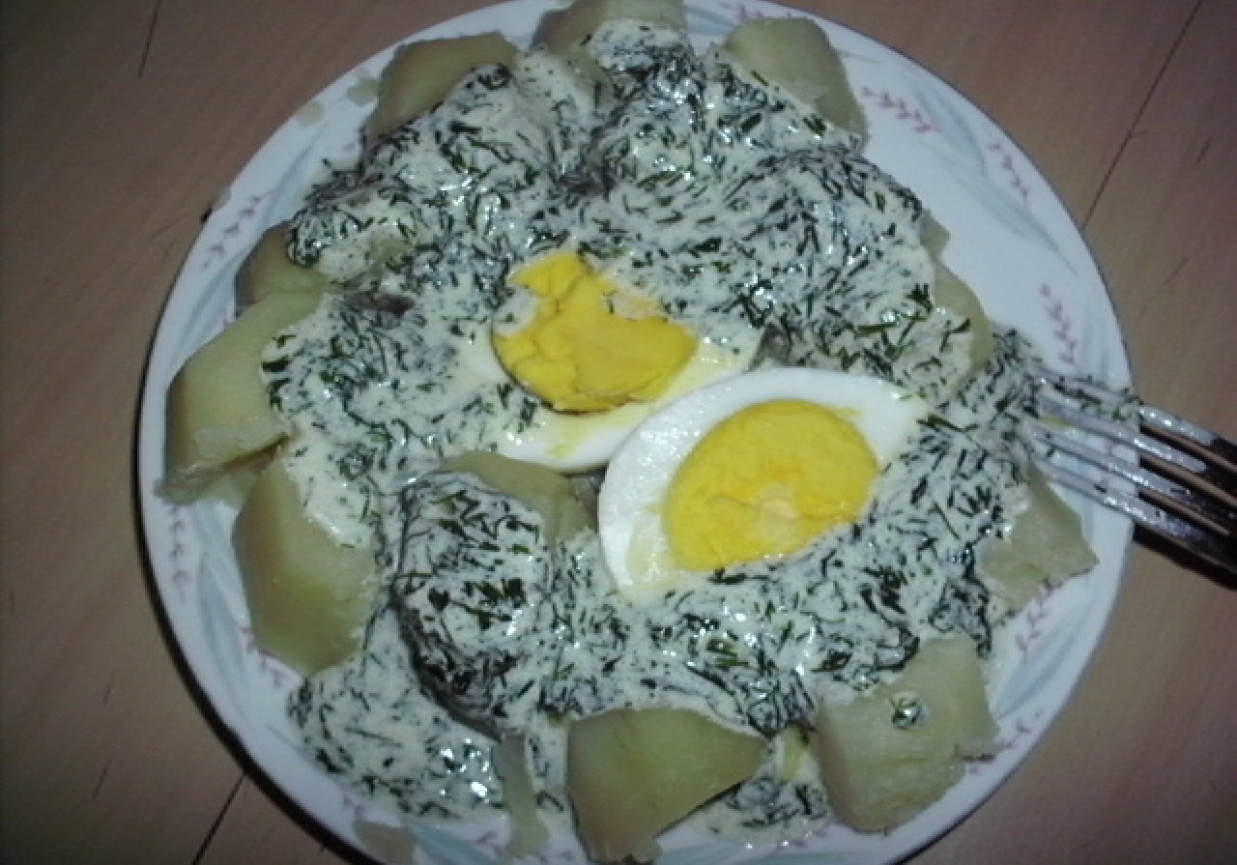 Ziemniaki z jajkiem w sosie koperkowym foto