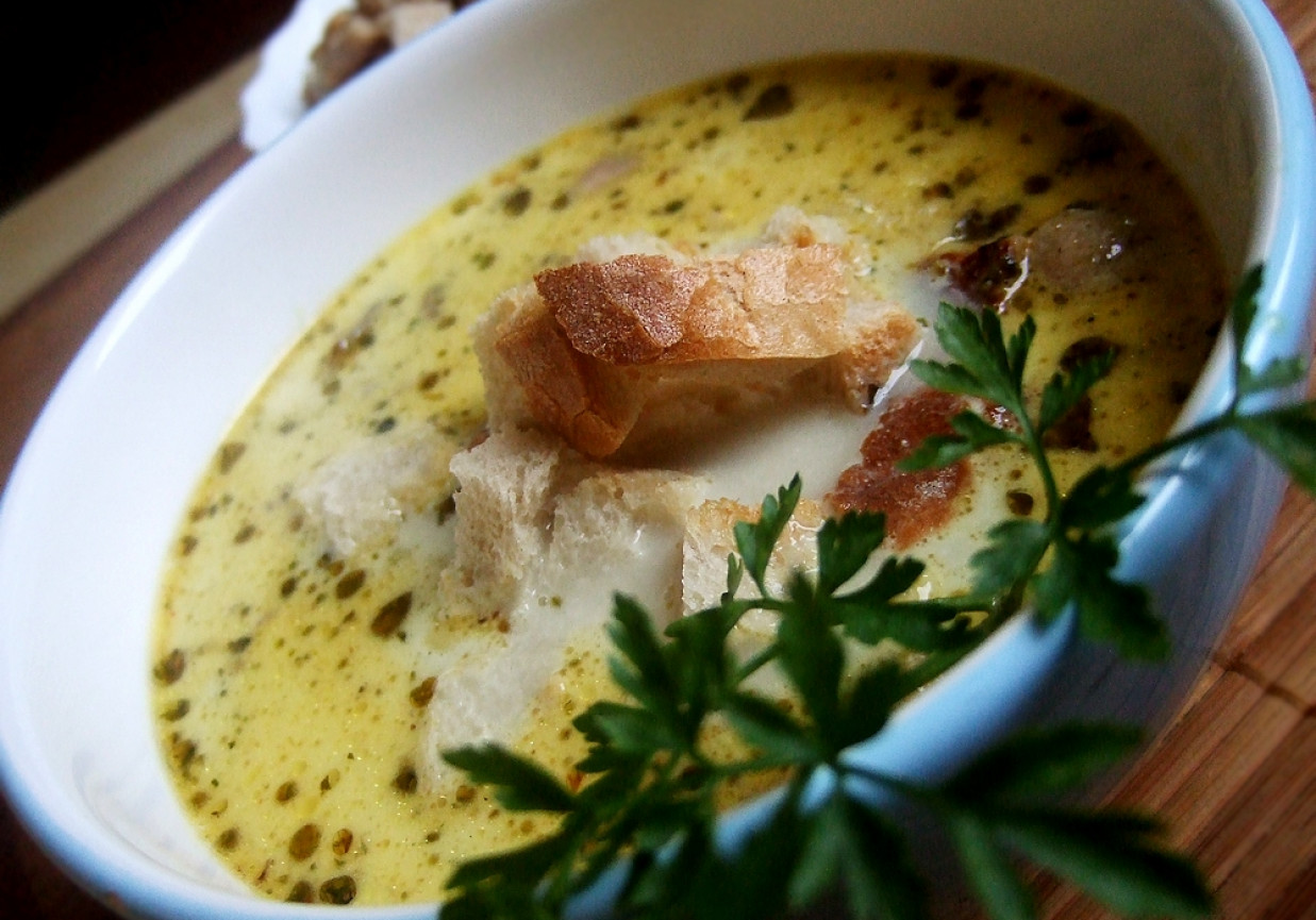 Zupa camembert z pieczarkami i grzankami foto