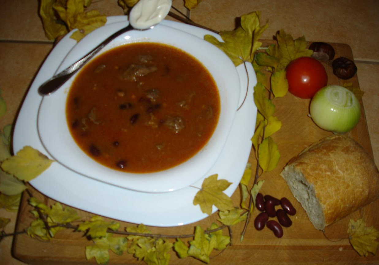 Zupa gulaszowa z czerwoną fasolą i pomidorami. foto