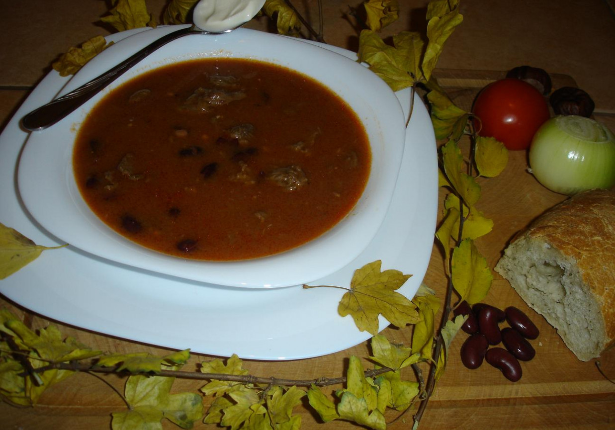 Zupa gulaszowa z czerwoną fasolą i pomidorami. foto
