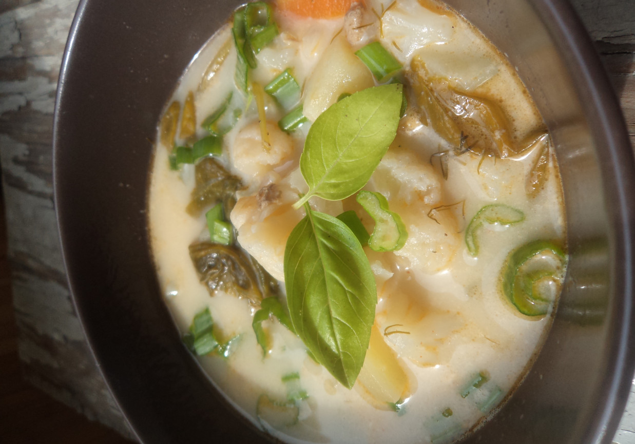 Zupa kalafiorowa z dodatkiem swieżego szpinaku- cebulką zieloną wzbogacona:) foto