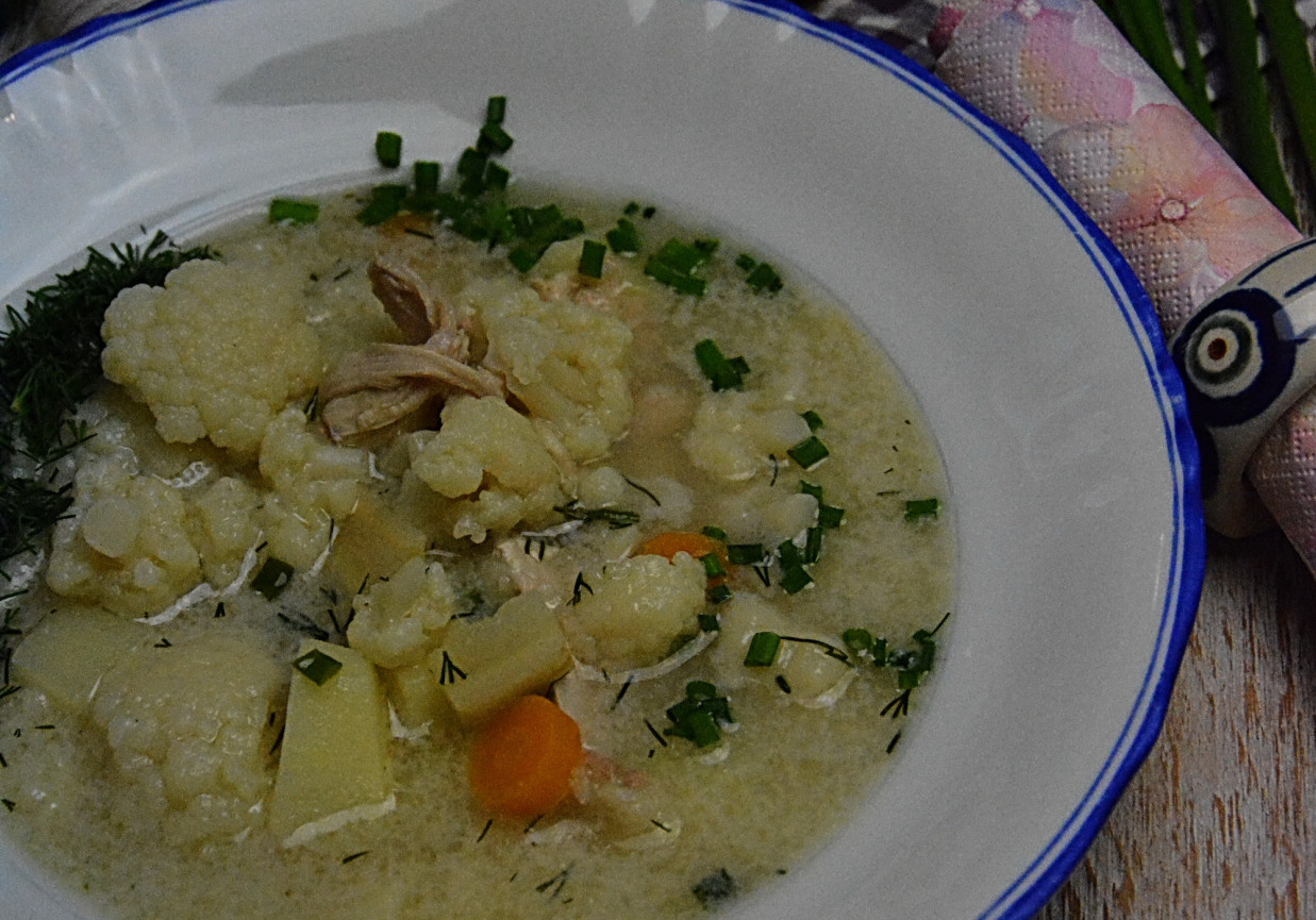 Zupa kalafiorowa z ryżem na skrzydełkach indyczych foto