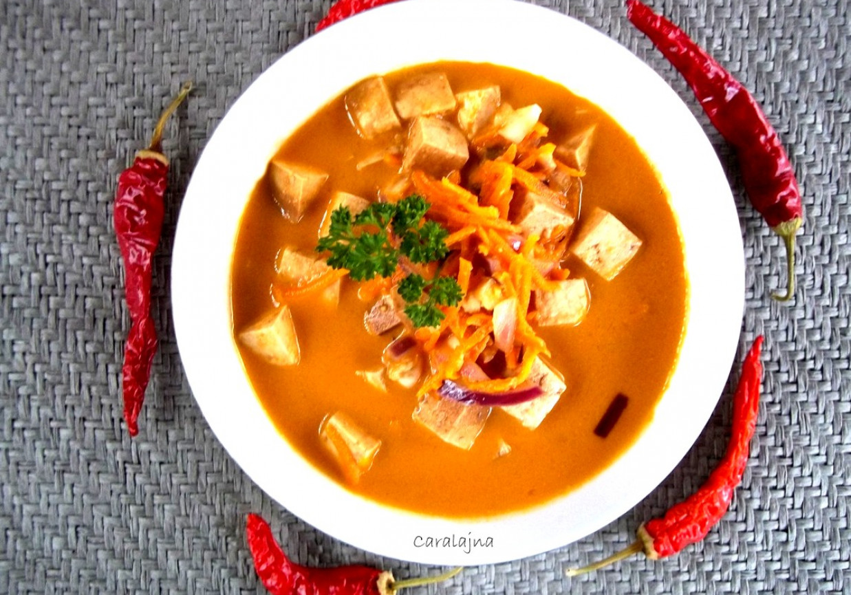 zupa kokosowa z czerwoną pastą curry i tofu foto
