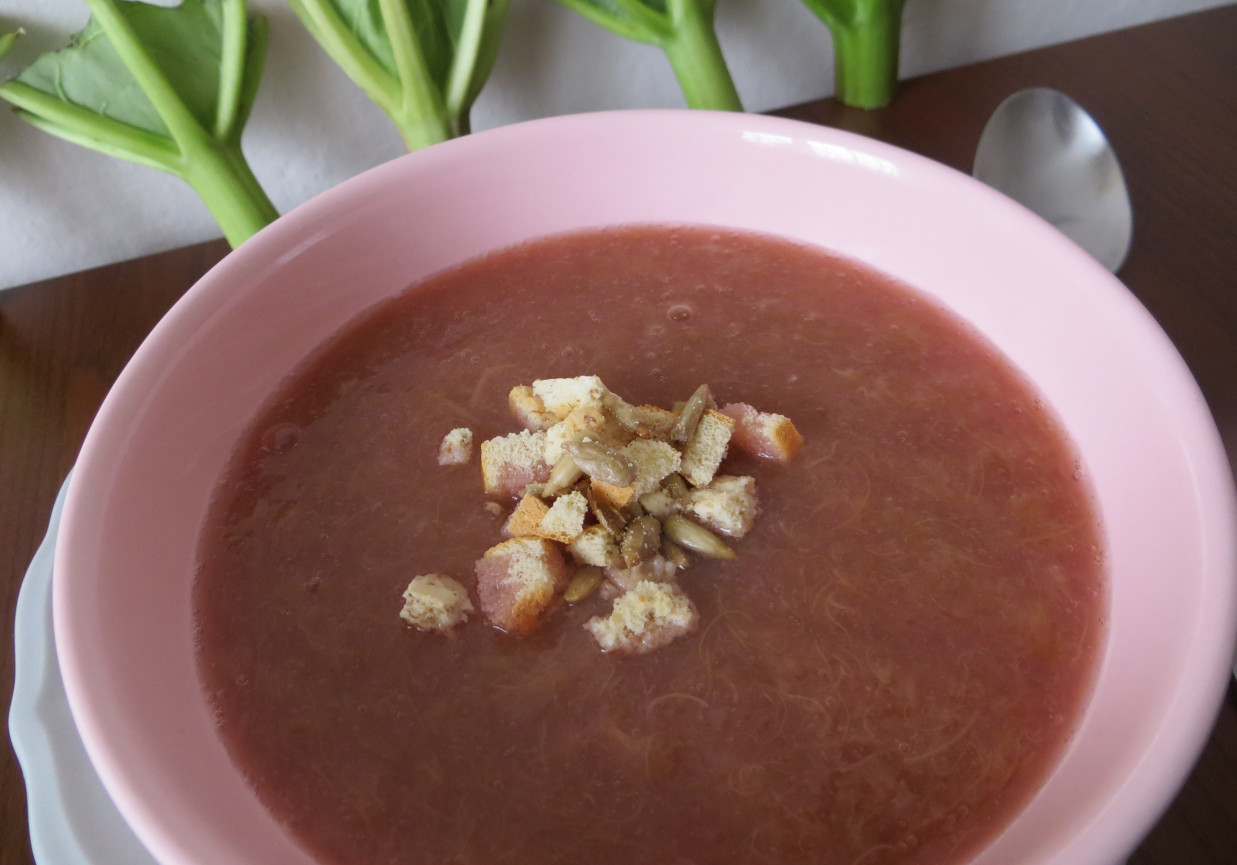 Zupa-krem malinowo rabarbarowy z miodem i słonymi pestkami słonecznika foto
