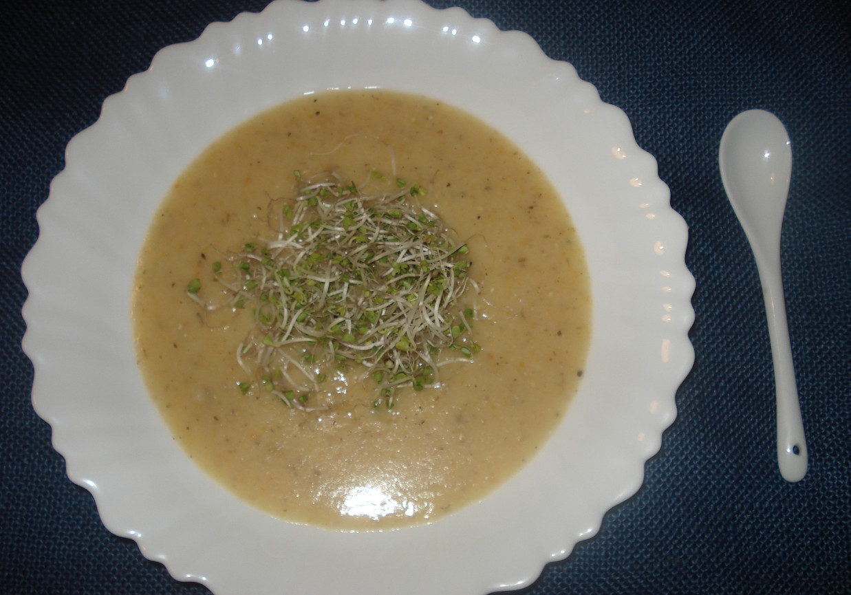 Zupa krem z cukini i kaszy- zaserwowana z kiełkami brokuła foto