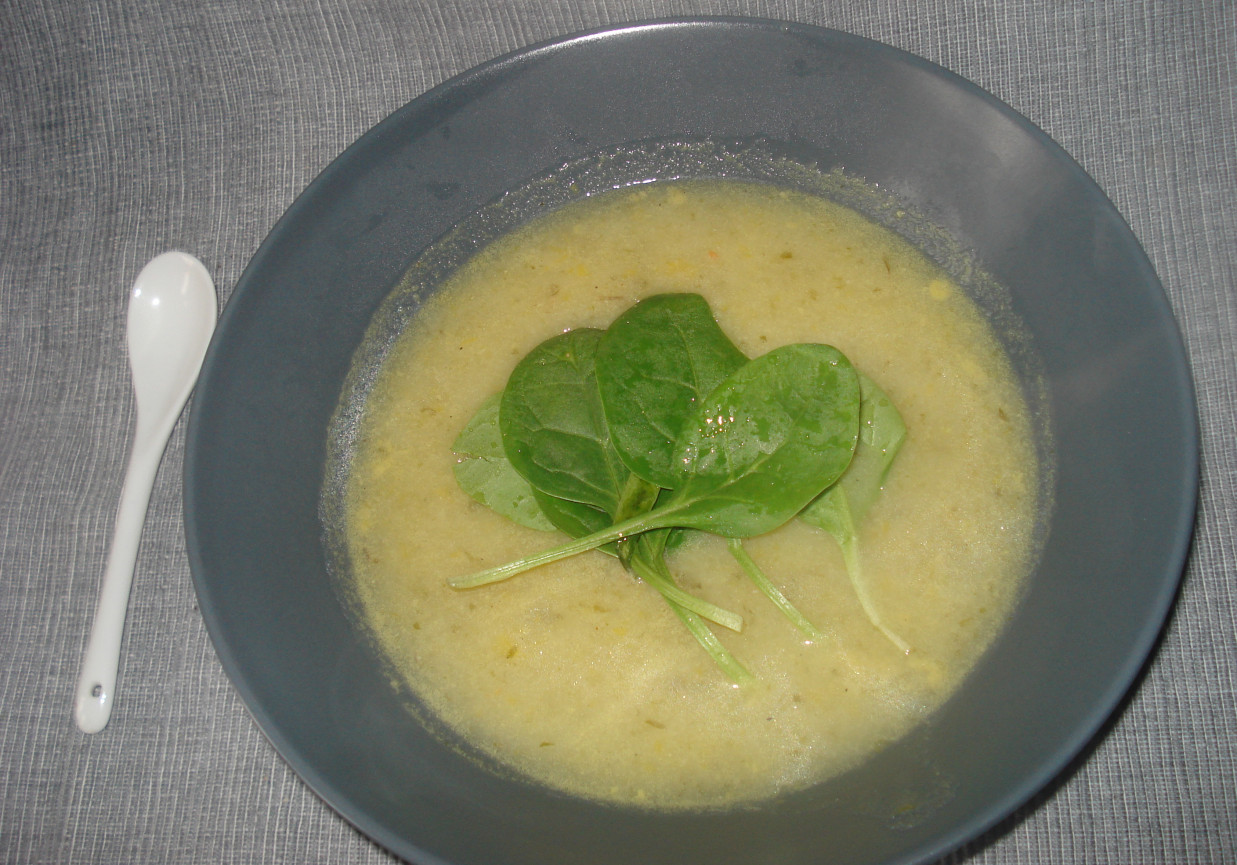 Zupa krem z selera naciowego i zółtej papryki-swieżym szpinakiem wzbogacona foto