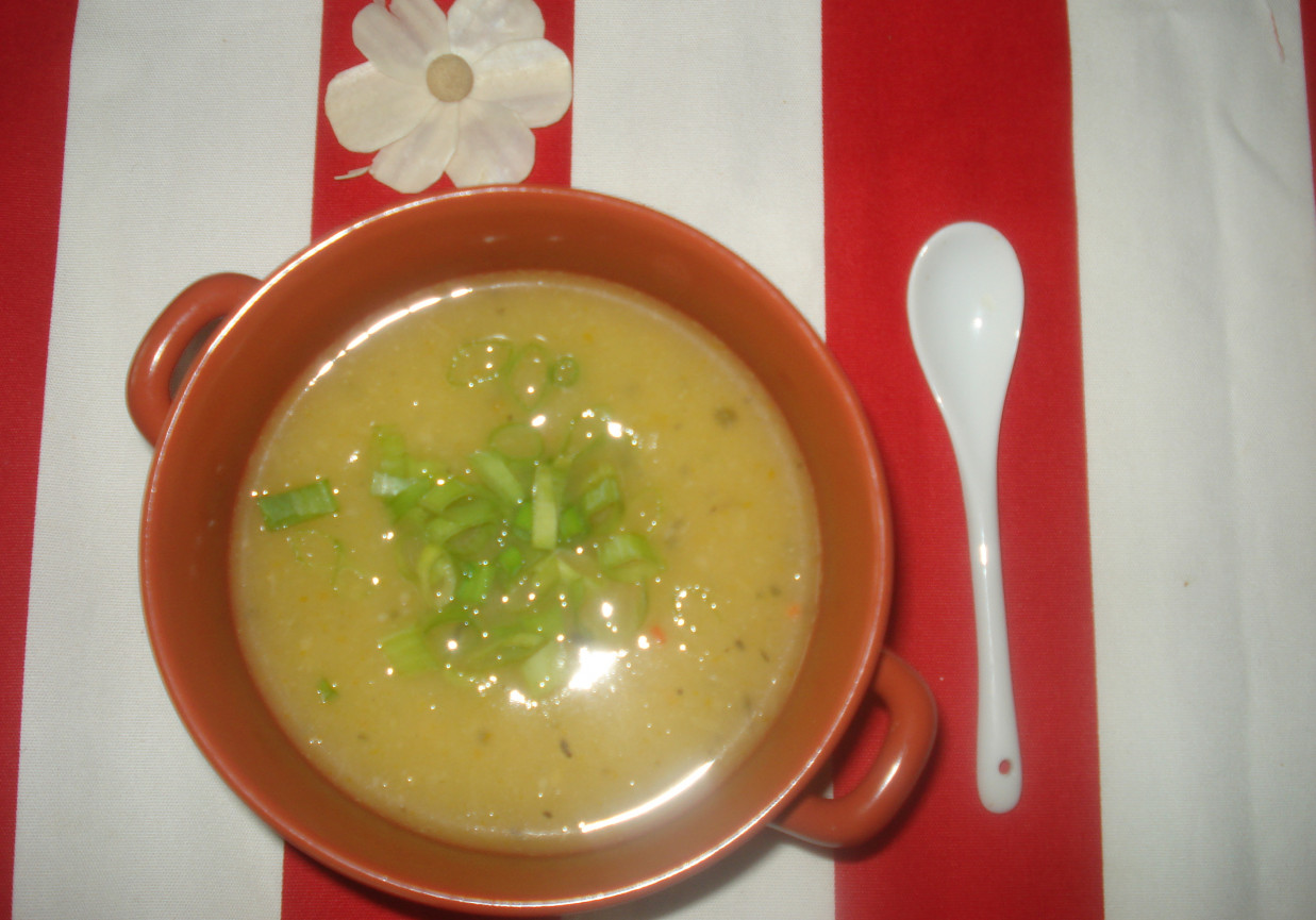 Zupa krem z  żółtej papryki z dodatkiem zielonej cebulki foto