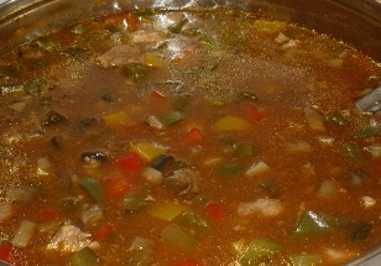 Zupa mięsna z różnokolorową papryką i pieczarkami foto