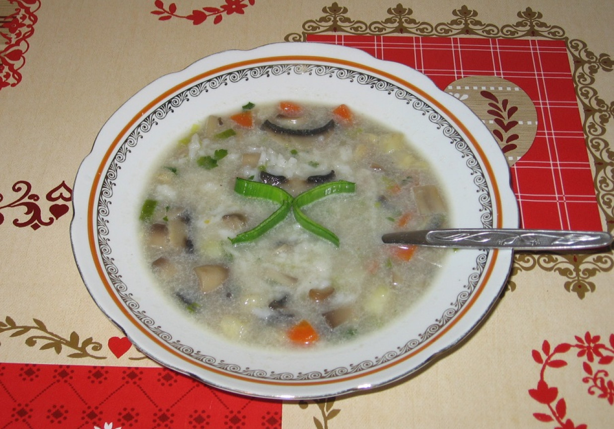 Zupa pieczarkowa z porem i ryżem foto