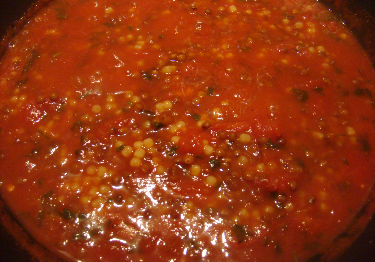 Zupa pomidorowa z soczewicą i makaronem tarhonya foto