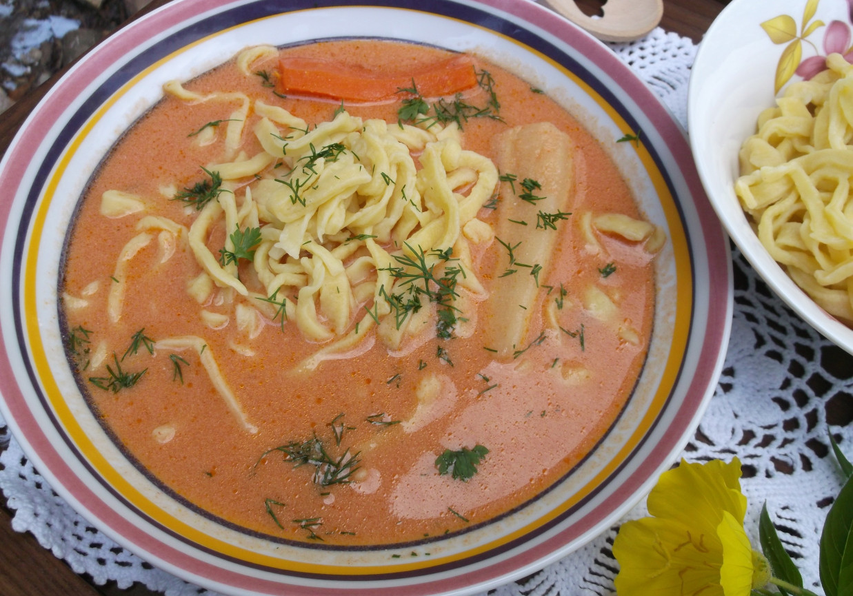 Zupa pomidorowa zabielana z domowym makaronem. foto