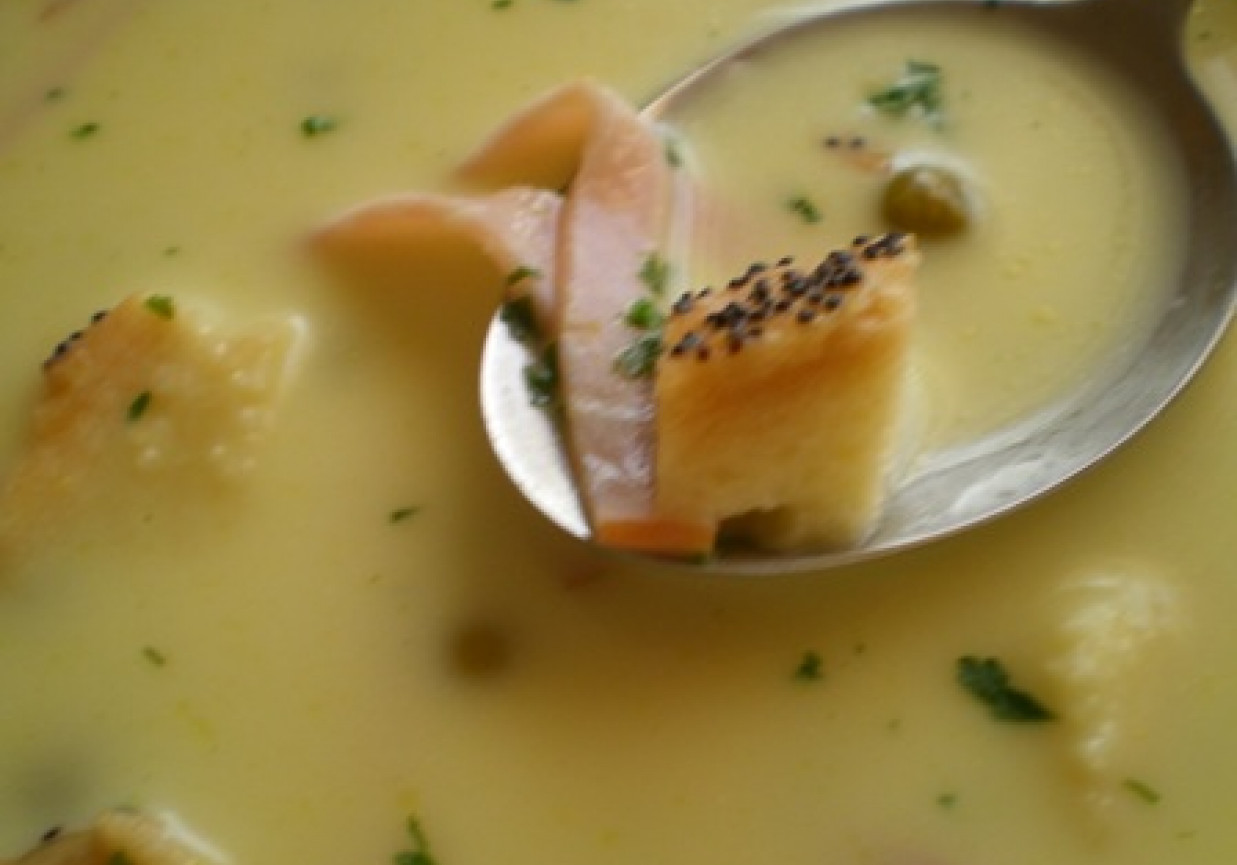 Zupa serowa z szynką i grzankami foto