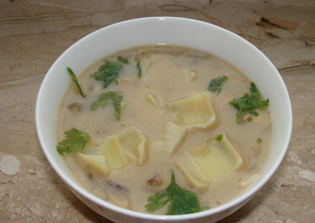 Fotografia przedstawiająca Zupa serowo pieczarkowa z łazankami