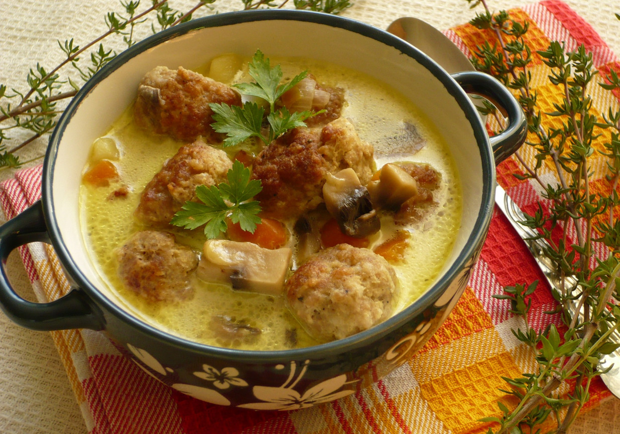 Zupa serowo-pieczarkowa z klopsikami foto