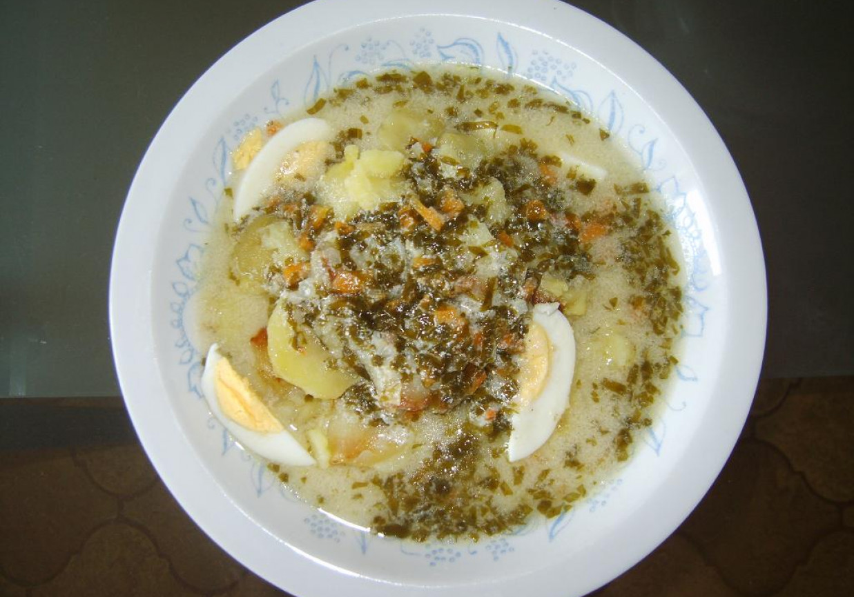 Zupa szczawiowa z zapiekanymi ziemniakami foto