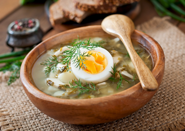 Fotografia przedstawiająca Zupa szczawiowa z ziemniakami i jajkiem na kości