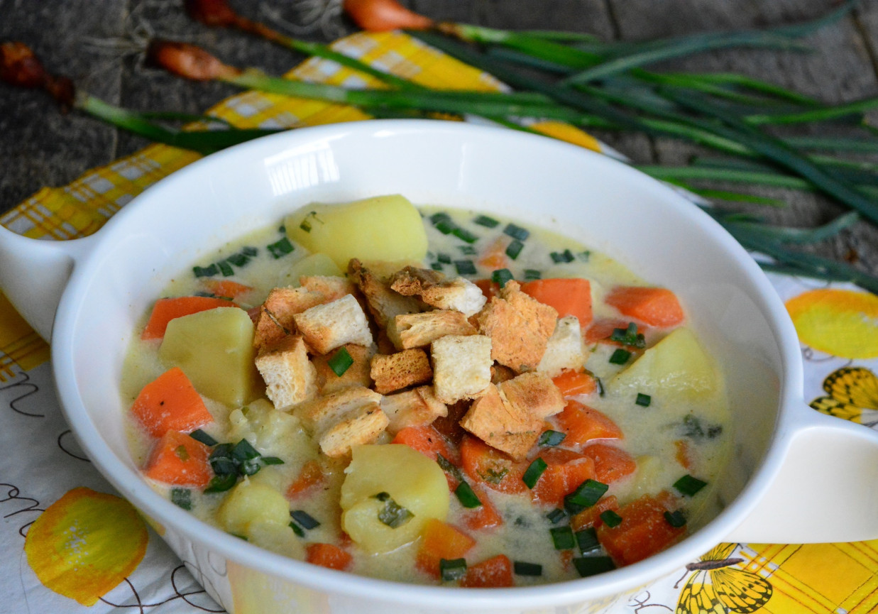 Zupa warzywna ze szczypiorkiem i grzankami foto