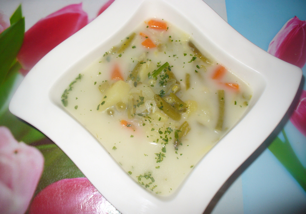 Zupa z fasolką zieloną i groszkiem foto