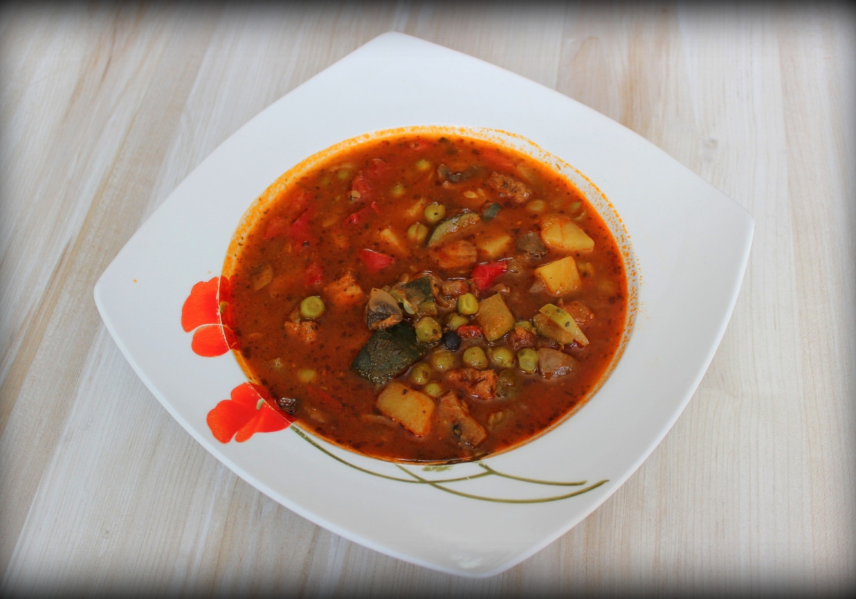 Zupa z marynowanym w ziołach schabem oraz letnimi warzywami foto