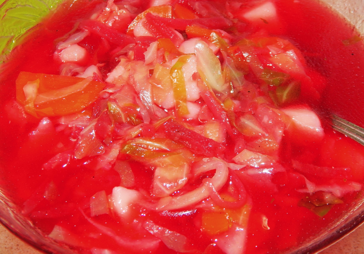 Zupa z młodej kapusty, buraków i pomidorów foto