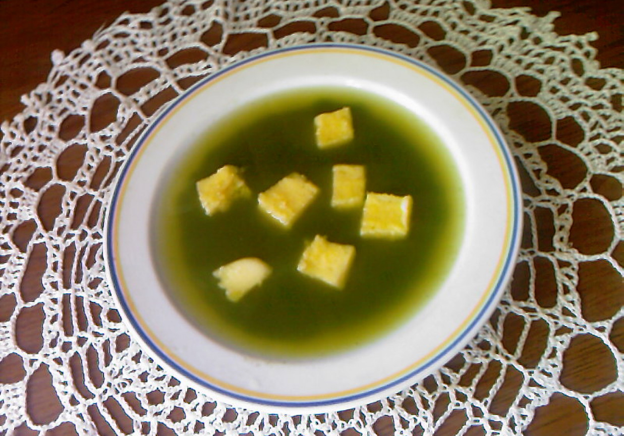 Zupa z młodych pokrzyw z kostką z polenty foto