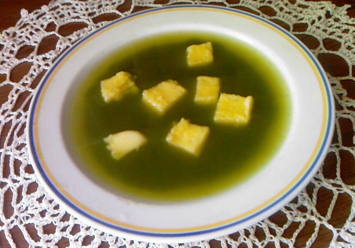 Zupa z młodych pokrzyw z kostką z polenty foto