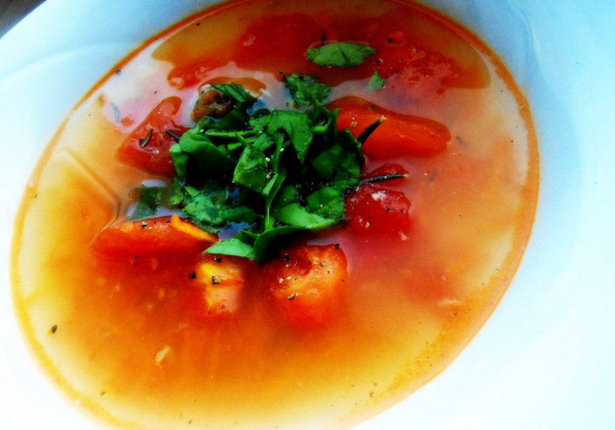 Zupa z pstrąga o rozmarynowo-cytrynowym aromacie z kawałkami pomidorów i bazylią foto