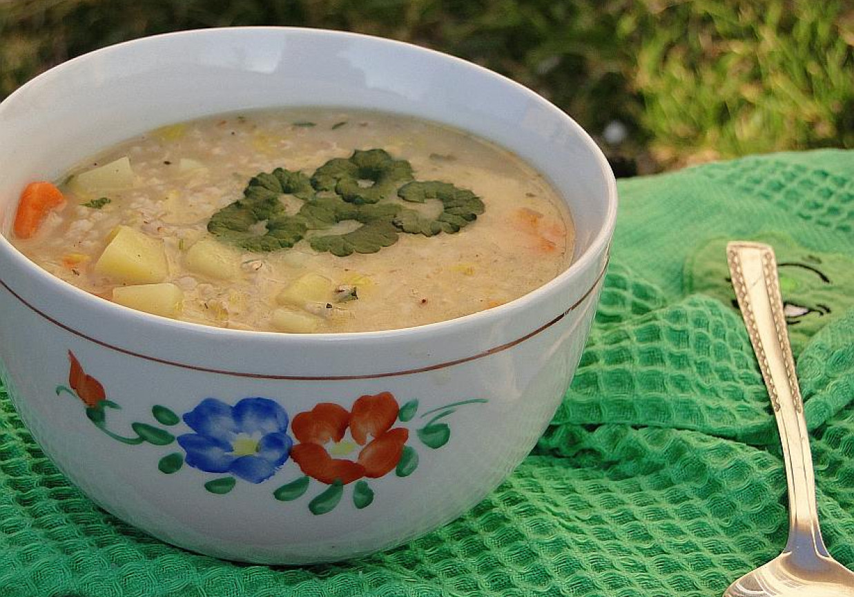 Zupa ziemniaczana z bluszczykiem kurdybankiem foto