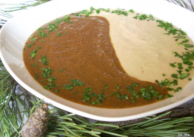 Fotografia przedstawiająca Zupa-krem z borowików w dwóch kolorach