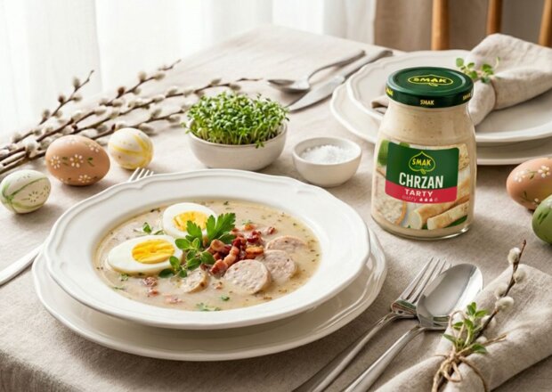 Fotografia przedstawiająca Żurek wielkanocny z białą kiełbasą i jajkami