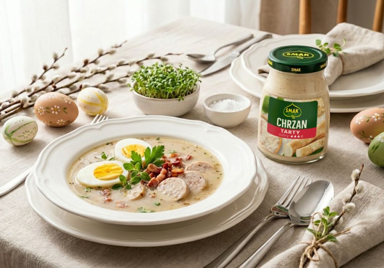 Żurek wielkanocny z białą kiełbasą i jajkami foto